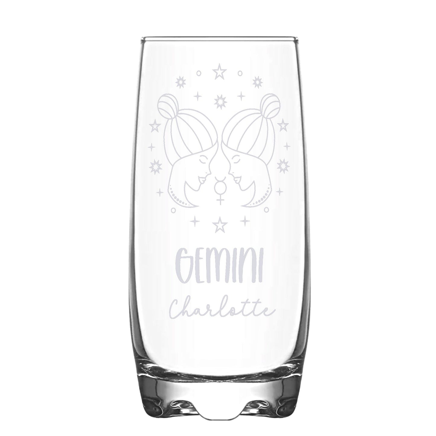 A Personalised Hi-Ball glass with Gemini Zodiac sign and a name engraved on white backdrop