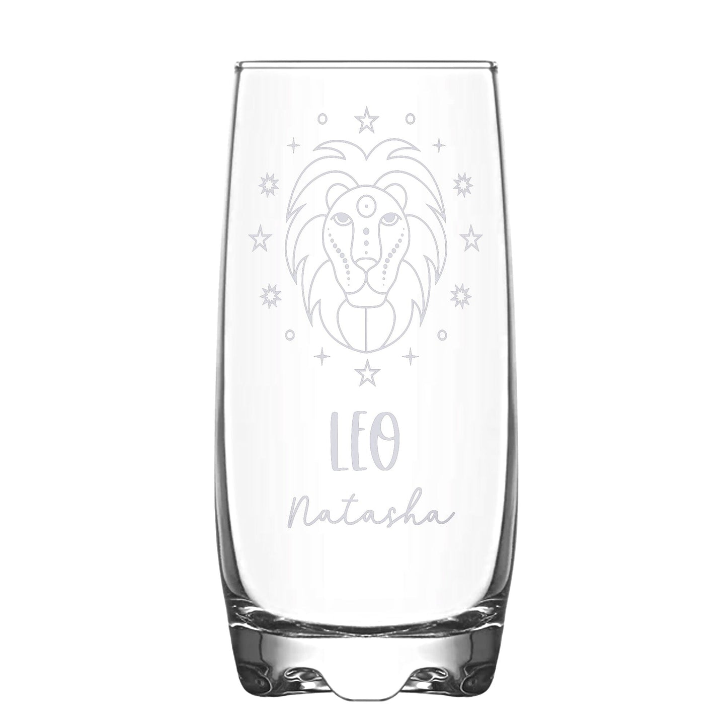 A Personalised Hi-Ball glass with Leo Zodiac sign and a name engraved on white backdrop