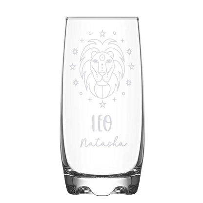 A Personalised Hi-Ball glass with Leo Zodiac sign and a name engraved on white backdrop