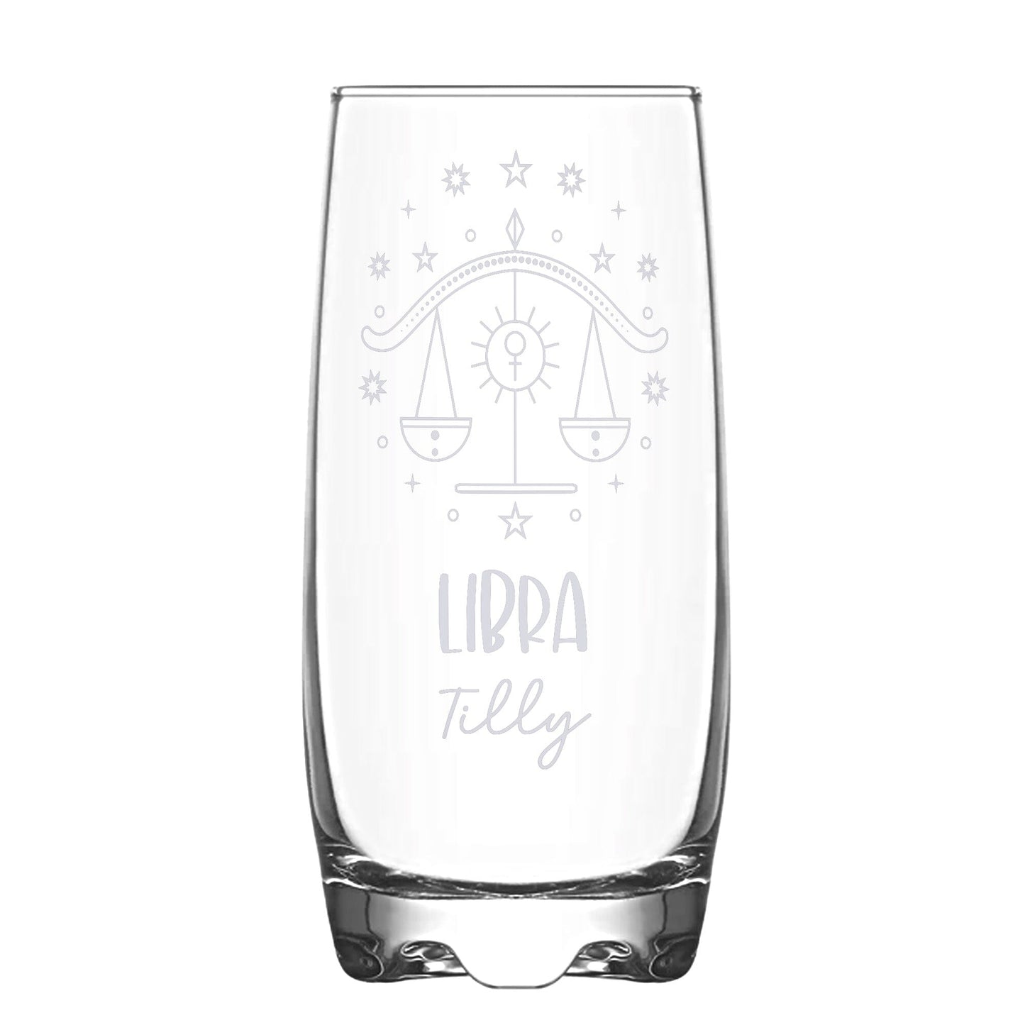 A Personalised Hi-Ball glass with Libra Zodiac sign and a name engraved on white backdrop