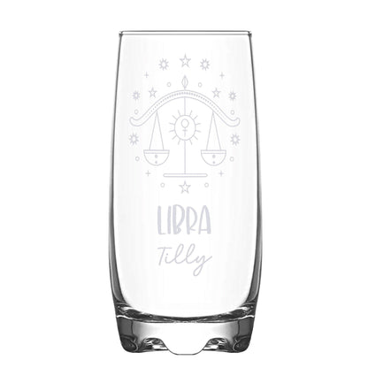 A Personalised Hi-Ball glass with Libra Zodiac sign and a name engraved on white backdrop