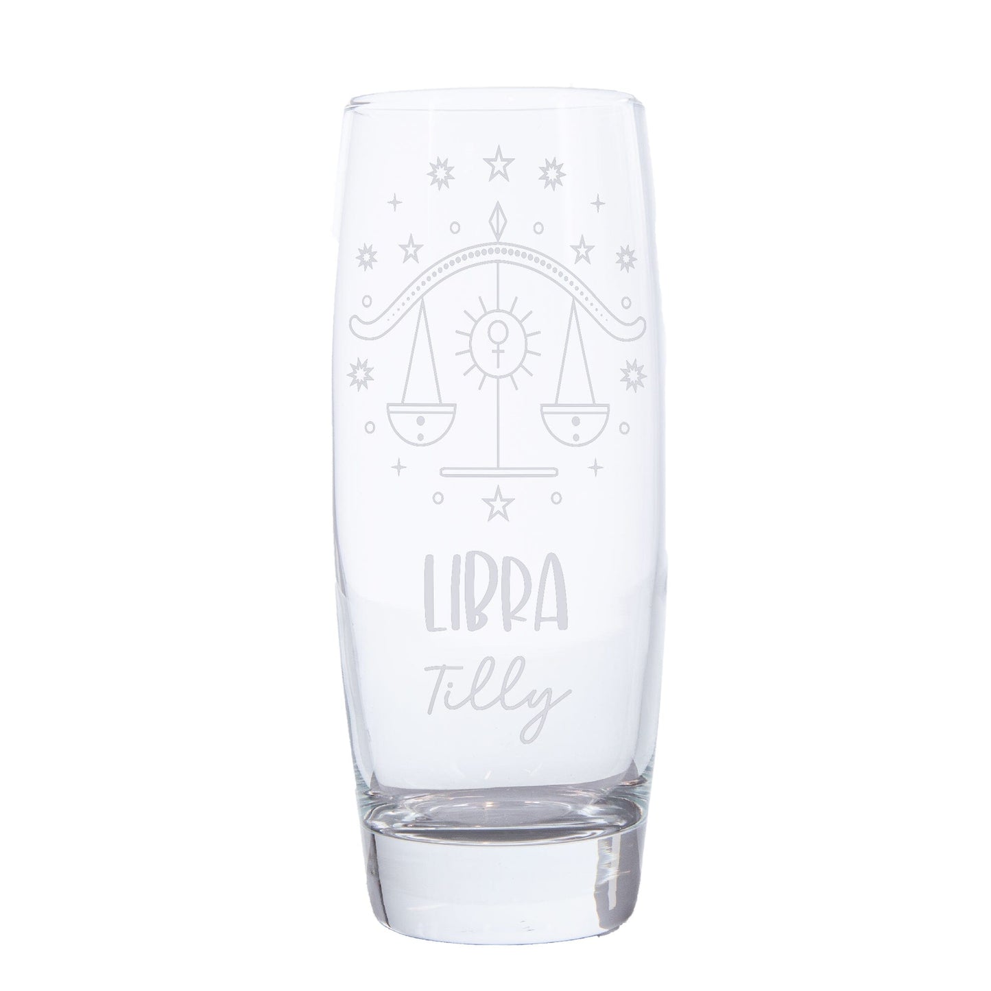 Libra Zodiac sign on Hi Ball glass with a name