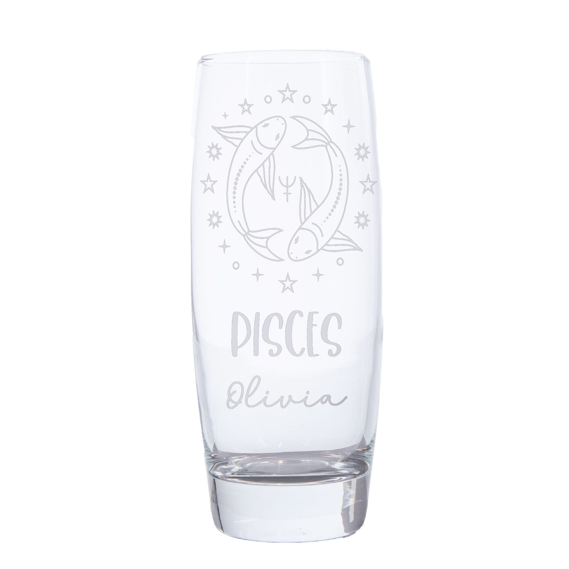 Pisces Zodiac sign on Hi Ball glass with a name