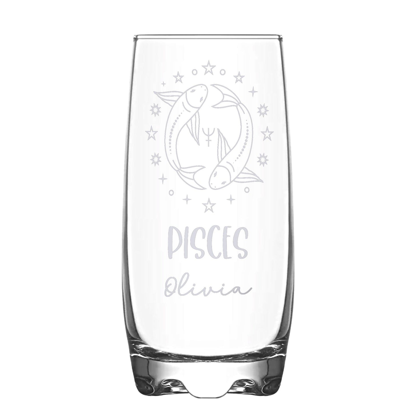 A Personalised Hi-Ball glass with Pisces Zodiac sign and a name engraved on white backdrop