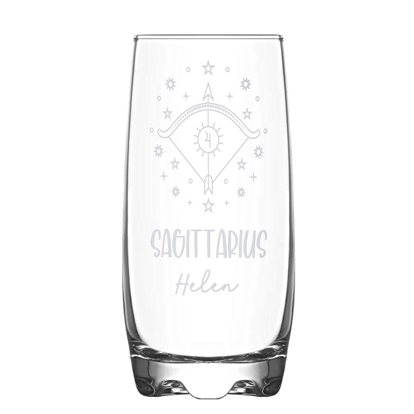 A Personalised Hi-Ball glass with Sagittarius Zodiac sign and a name engraved on white backdrop