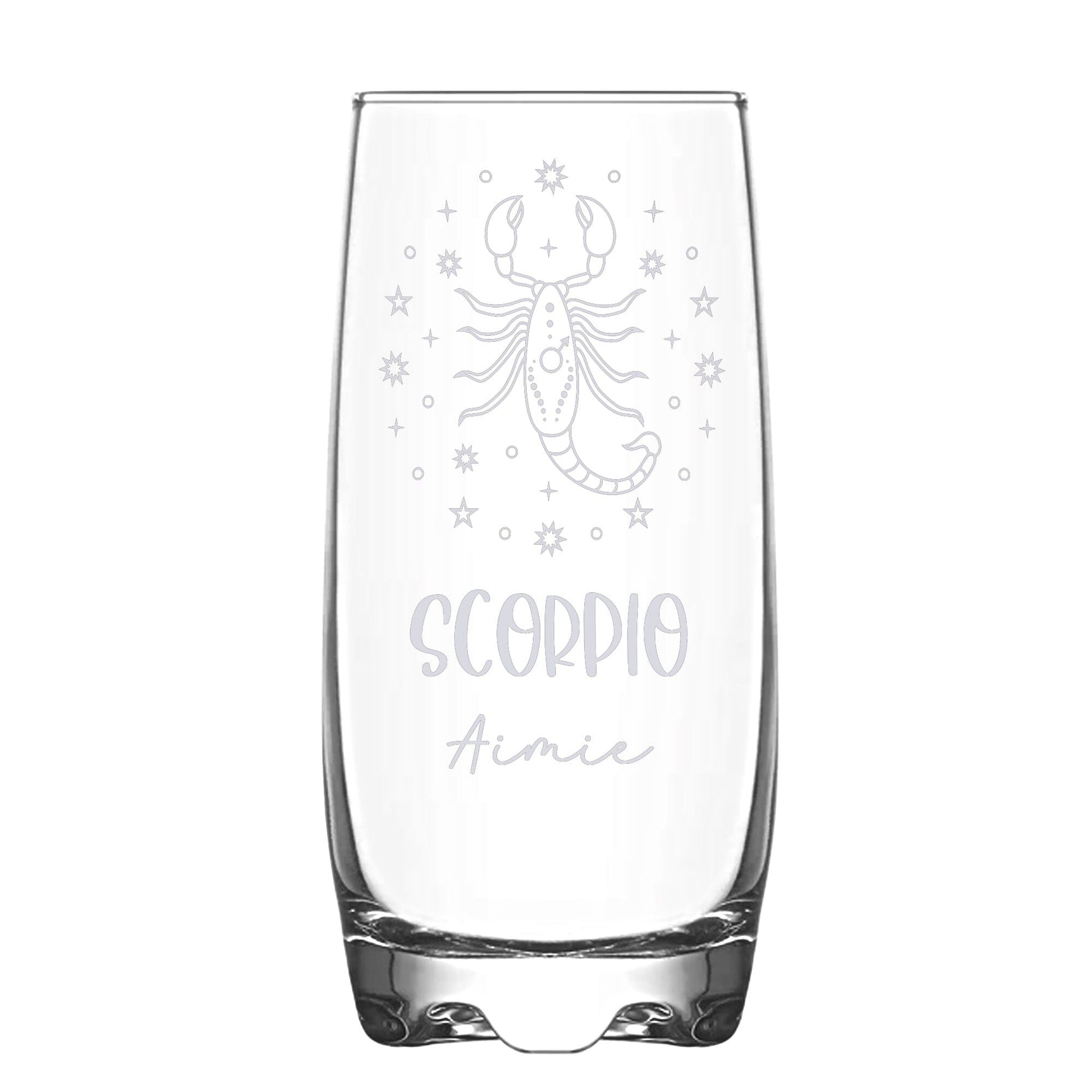 A Personalised Hi-Ball glass with Scorpio Zodiac sign and a name engraved on white backdrop