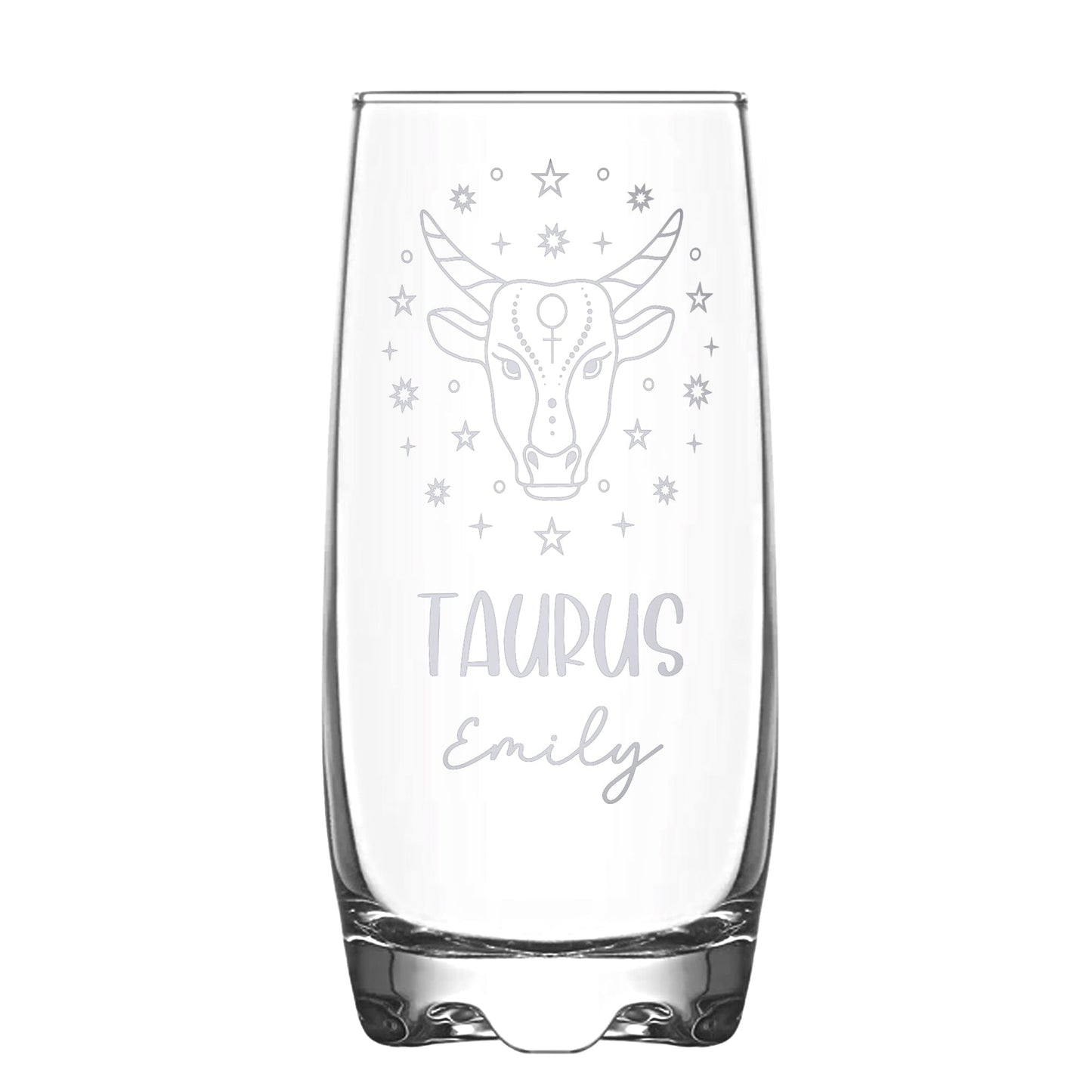 A Personalised Hi-Ball glass with Taurus Zodiac sign and a name engraved on white backdrop