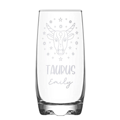 A Personalised Hi-Ball glass with Taurus Zodiac sign and a name engraved on white backdrop