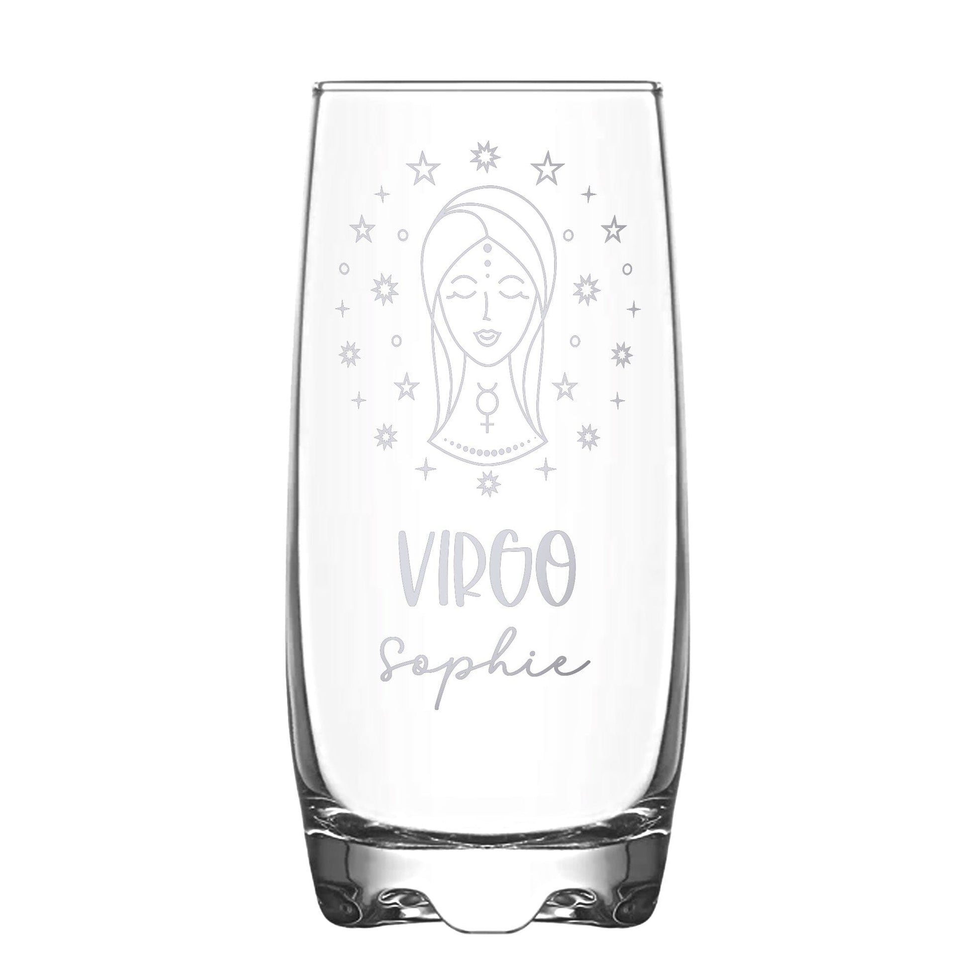 A Personalised Hi-Ball glass with Virgo Zodiac sign and a name engraved on white backdrop