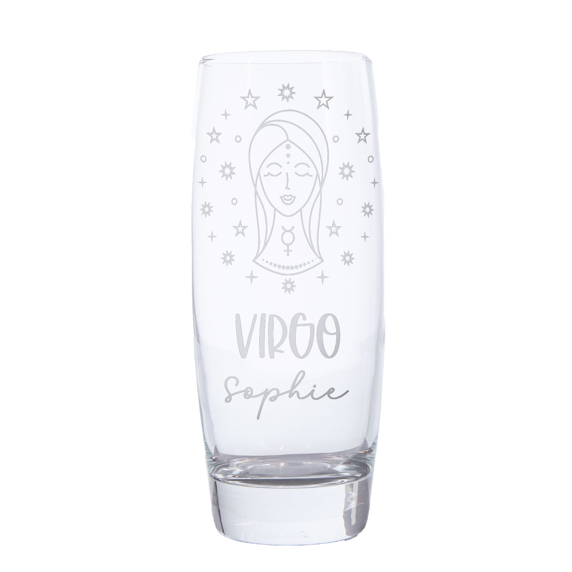 Virgo Zodiac sign on Hi Ball glass with a name