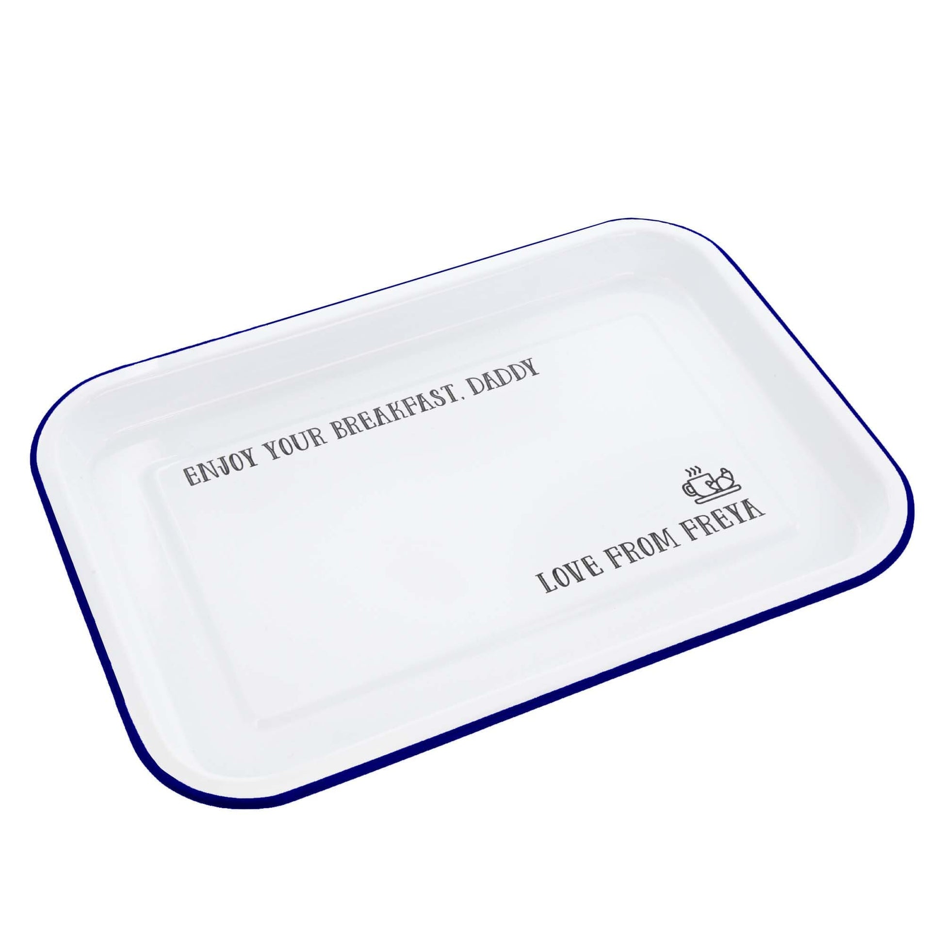 Personalised Enjoy Your Breakfast Enamel Serving Tray White Backdrop