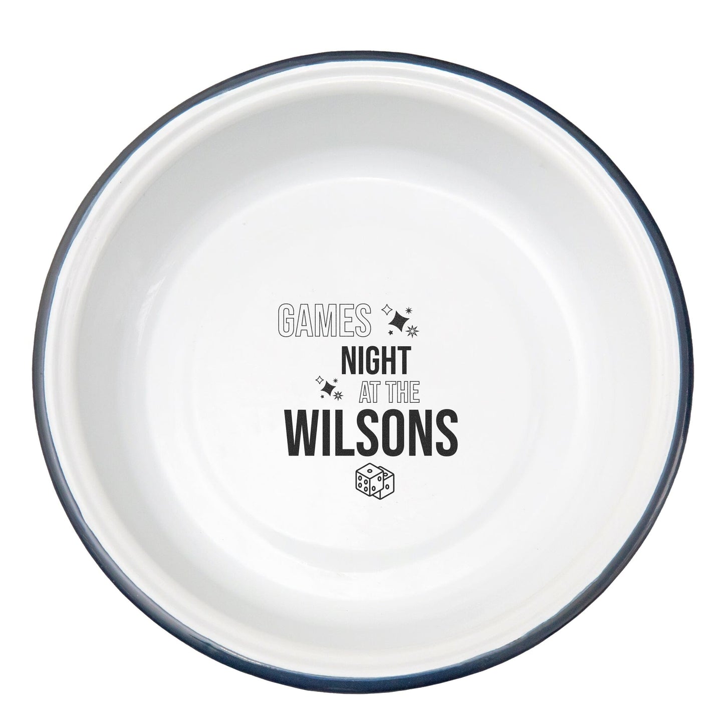 Personalised Family Games Night Enamel Snack Bowl white backdrop