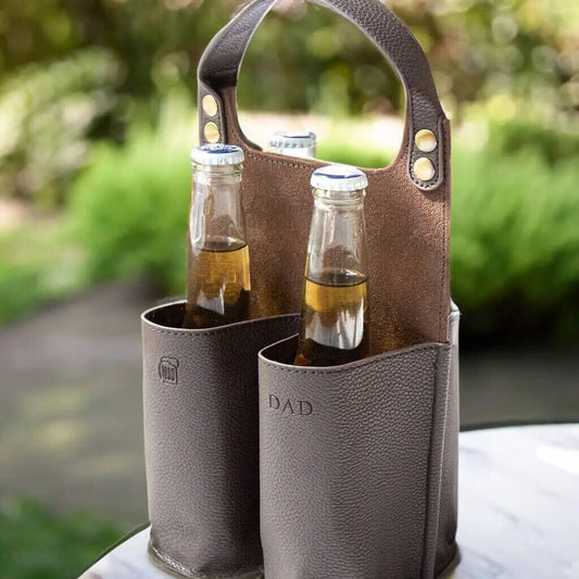 Faux Leather Bottle Carrier with handle and sits upright