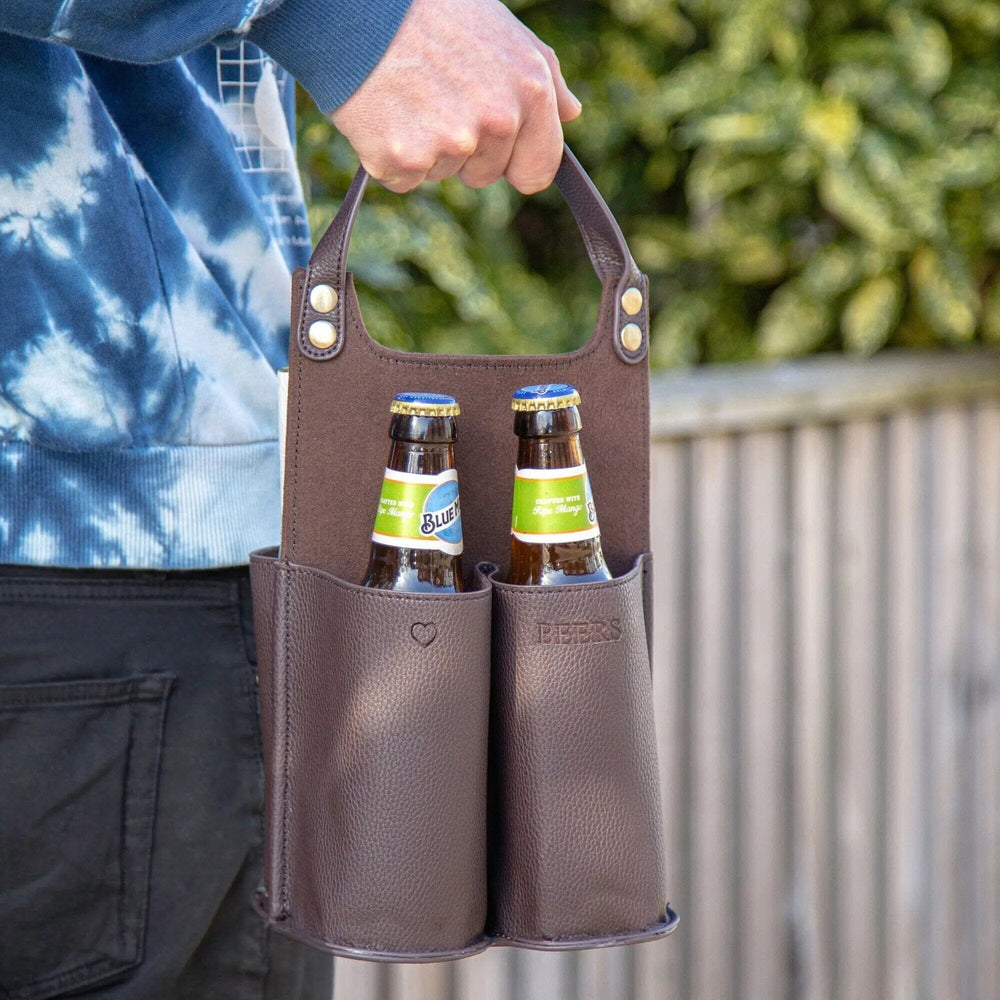 Bottle Carrier, Faux Leather with handle and beers being carried
