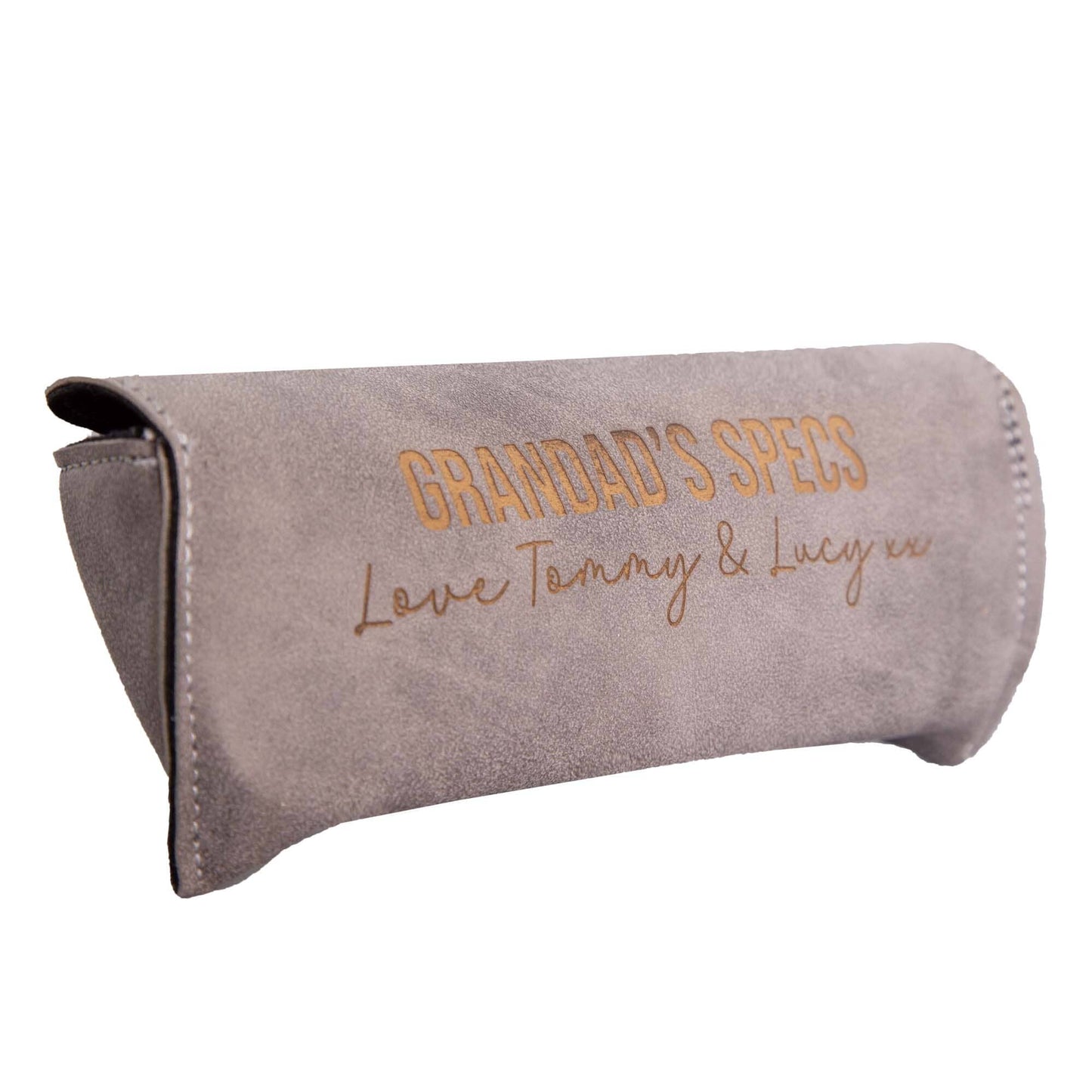 Personalised Faux Leather Glasses Case in grey white backdrop