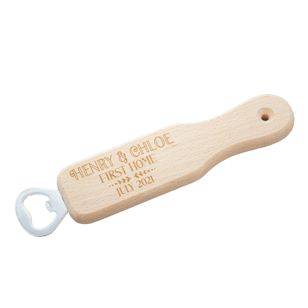 Personalised First Home Handled Bottle Opener white backdrop
