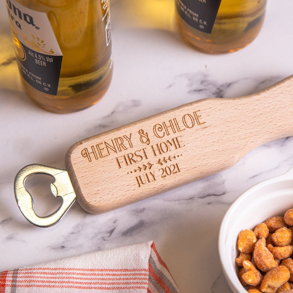 Personalised First Home Handled Bottle Opener nuts and beers around