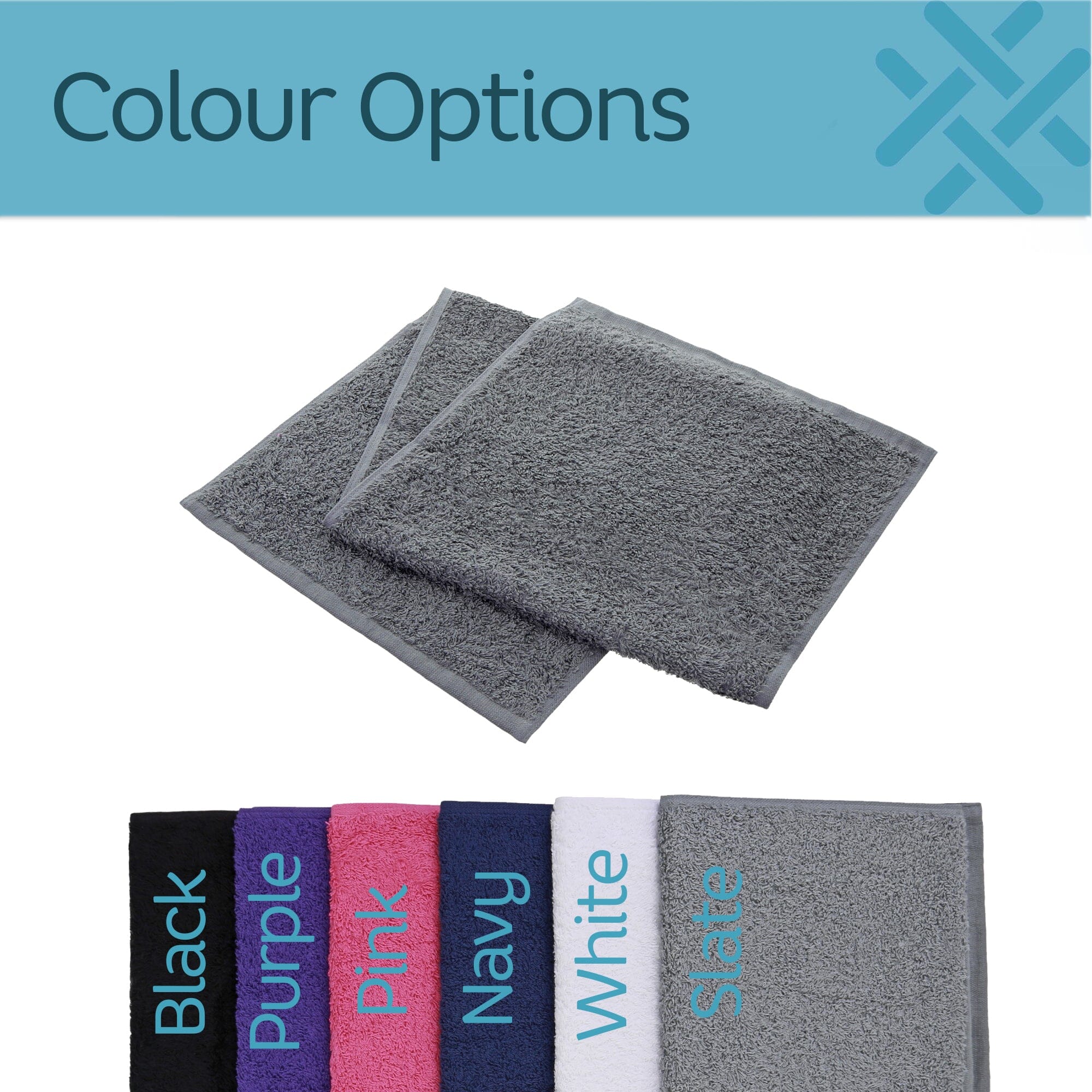 A color options graphic showing two gray textured bath mats on a white background, with a blue header reading 'Colour Options' and a row of smaller mats labeled Black, Purple, Pink, Navy, White, and Slate.