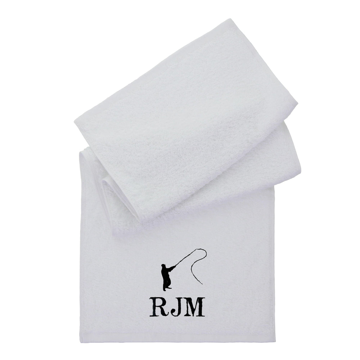 Personalised white towel folded on a plain white background with Embroidered fishing silhouette