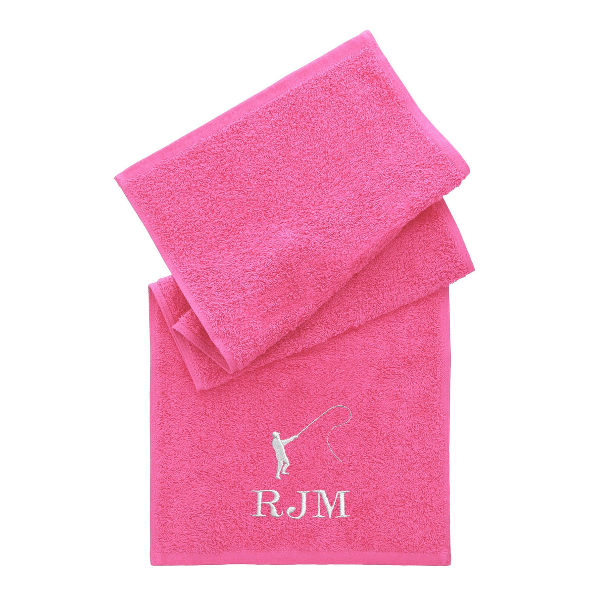 Personalised Pink towel folded on a plain white background with Embroidered fishing silhouette