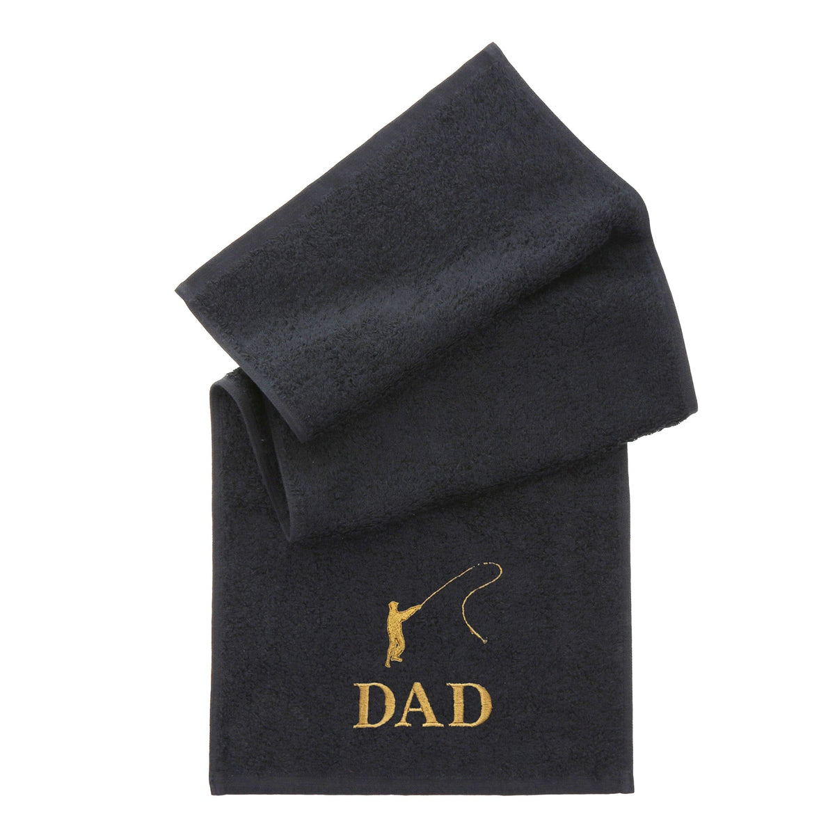 Personalised black towel folded on a plain white background with Embroidered fishing silhouette