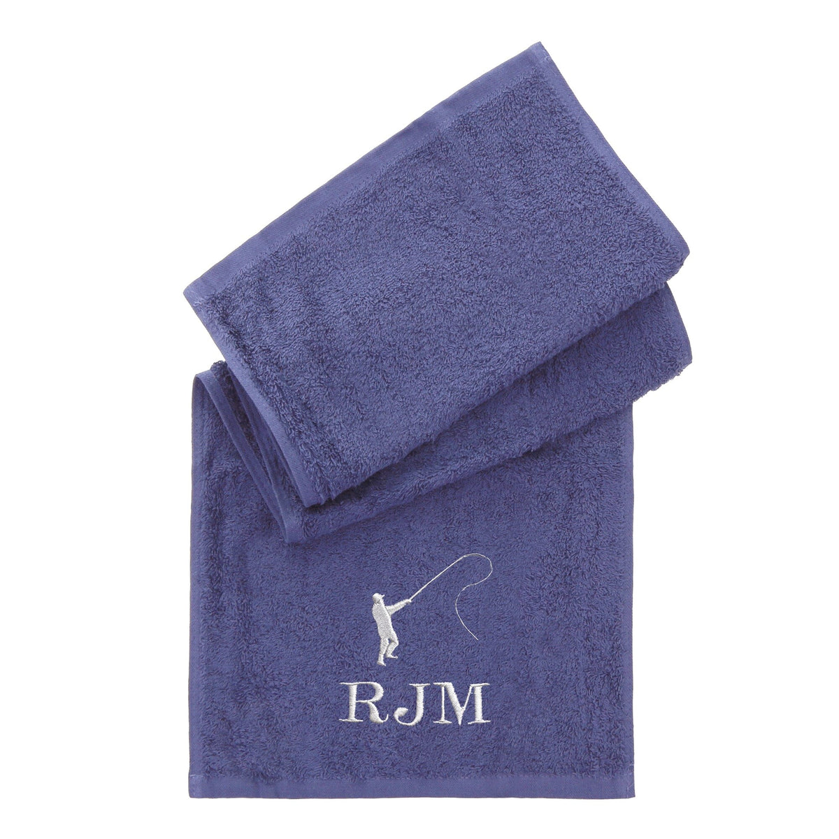 Personalised Navy towel folded on a plain white background with Embroidered fishing silhouette