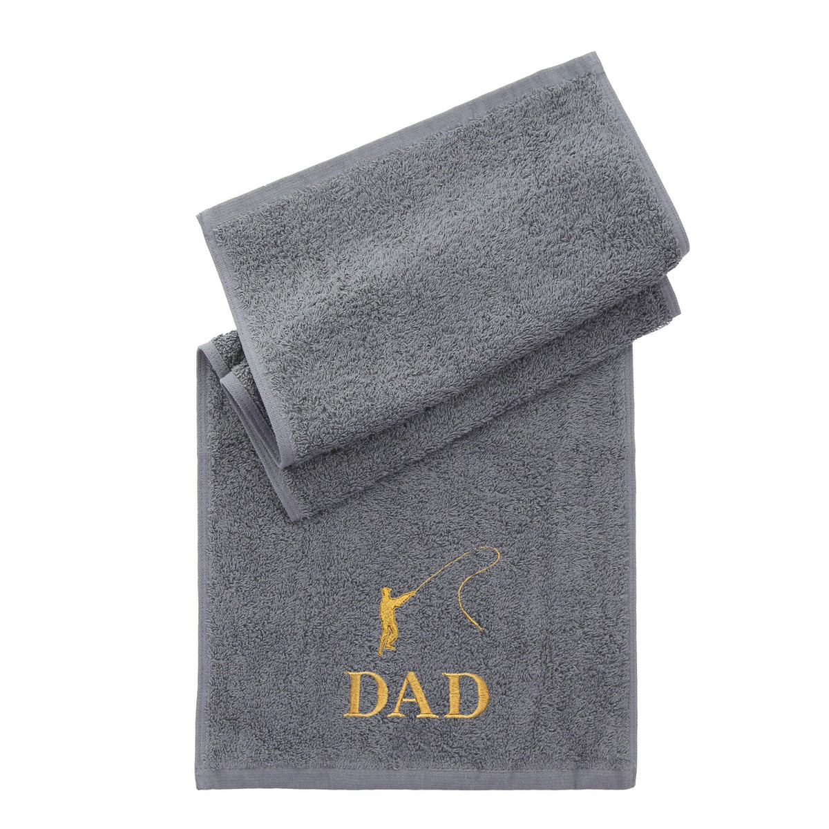 Personalised slate towel folded on a plain white background with Embroidered fishing silhouette