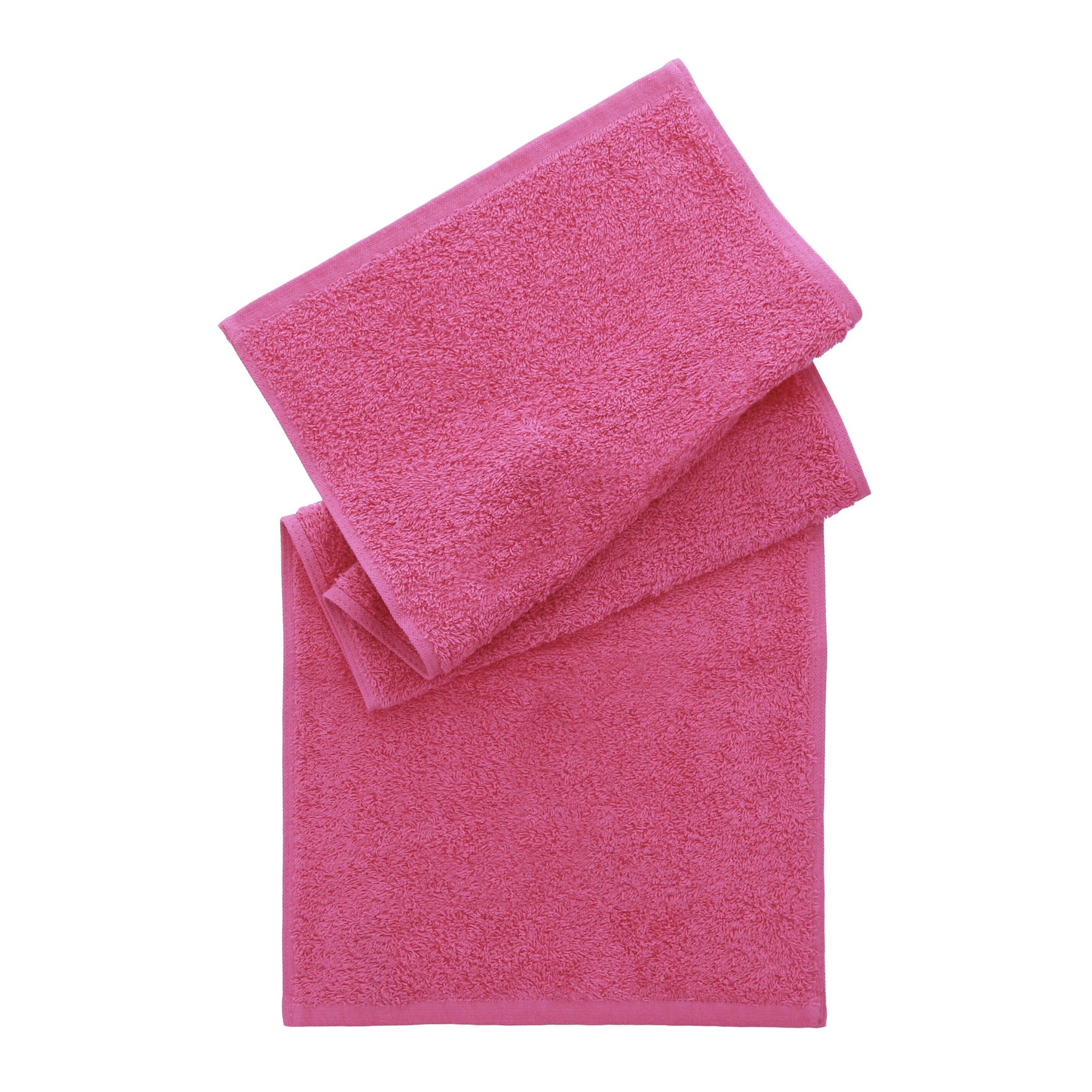 Two folded pink towels stacked on a plain white background, with the larger towel at the bottom and a smaller hand towel resting on top.