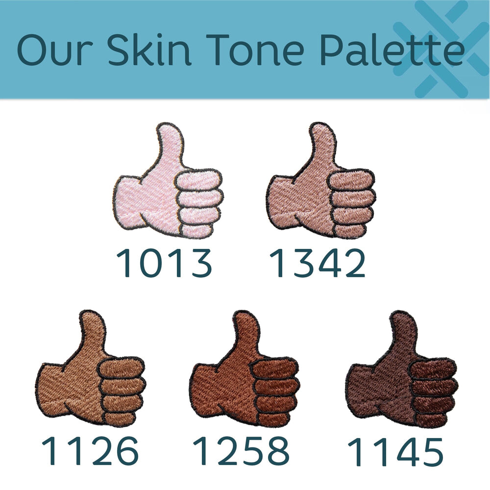 A digital graphic displaying a 'Skin Tone Palette' with five embroidered-style thumbs-up icons in different shades of skin tone, labeled with numbers 1013, 1342, 1126, 1258, and 1145 under a blue header.