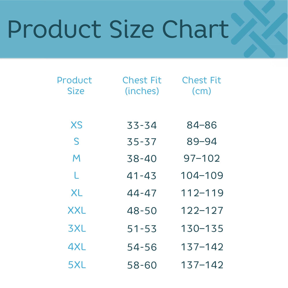 Product size chart table showing product sizes XS through 5XL, chest fit in inches, and chest fit in centimeters, with a teal header reading Product Size Chart.