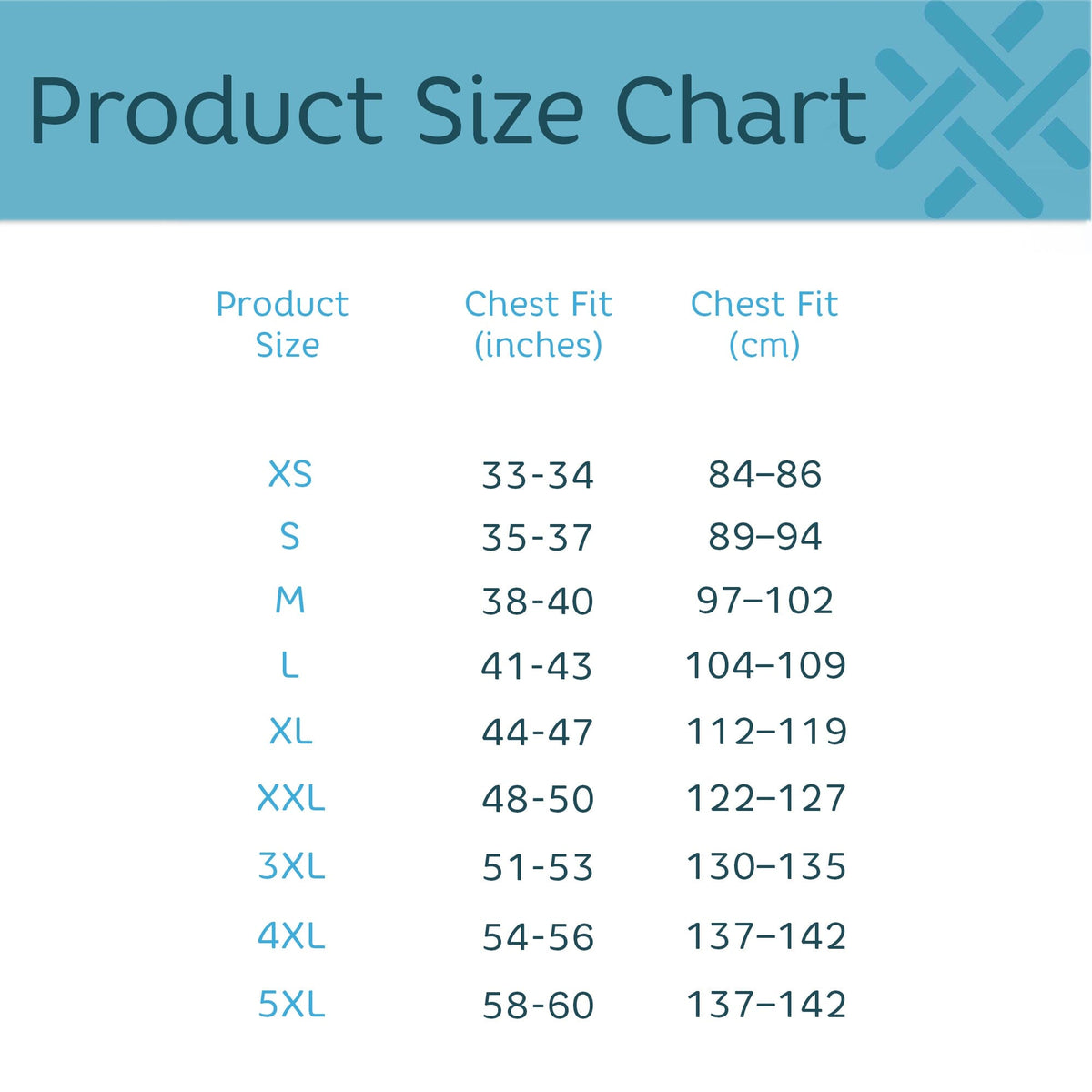 Product size chart table showing product sizes XS through 5XL, chest fit in inches, and chest fit in centimeters, with a teal header reading Product Size Chart.