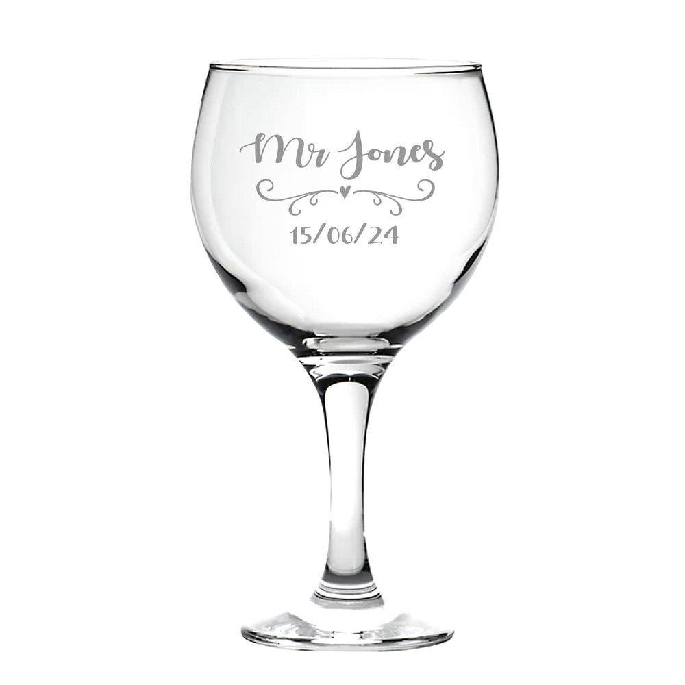 personalised gin glass with name and date heart designs