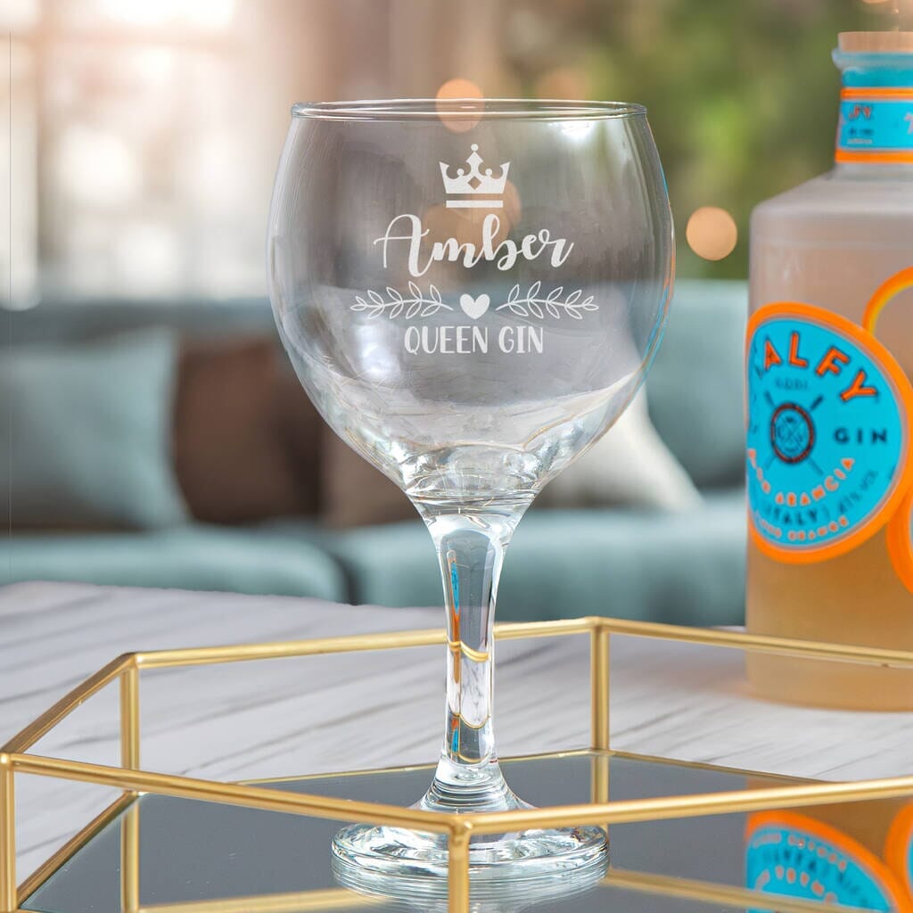 Bespoke gin glass featuring a vintage designs with name and message. Perfect gift for her on his birthday.  Featuring fun personalisation on the side of the glass. Perfect for birthday gifting on milestones like 18th, 30th, weddings or 40th birthdays.  Holding up to 645ml of liquid, these glasses are ideal for serving up a variety of gin based drinks and there is ample room for ice and garnish too!  Engraved to order by our team in our Sussex workshop. Engraved, not printed to ensure personalisation lasts a