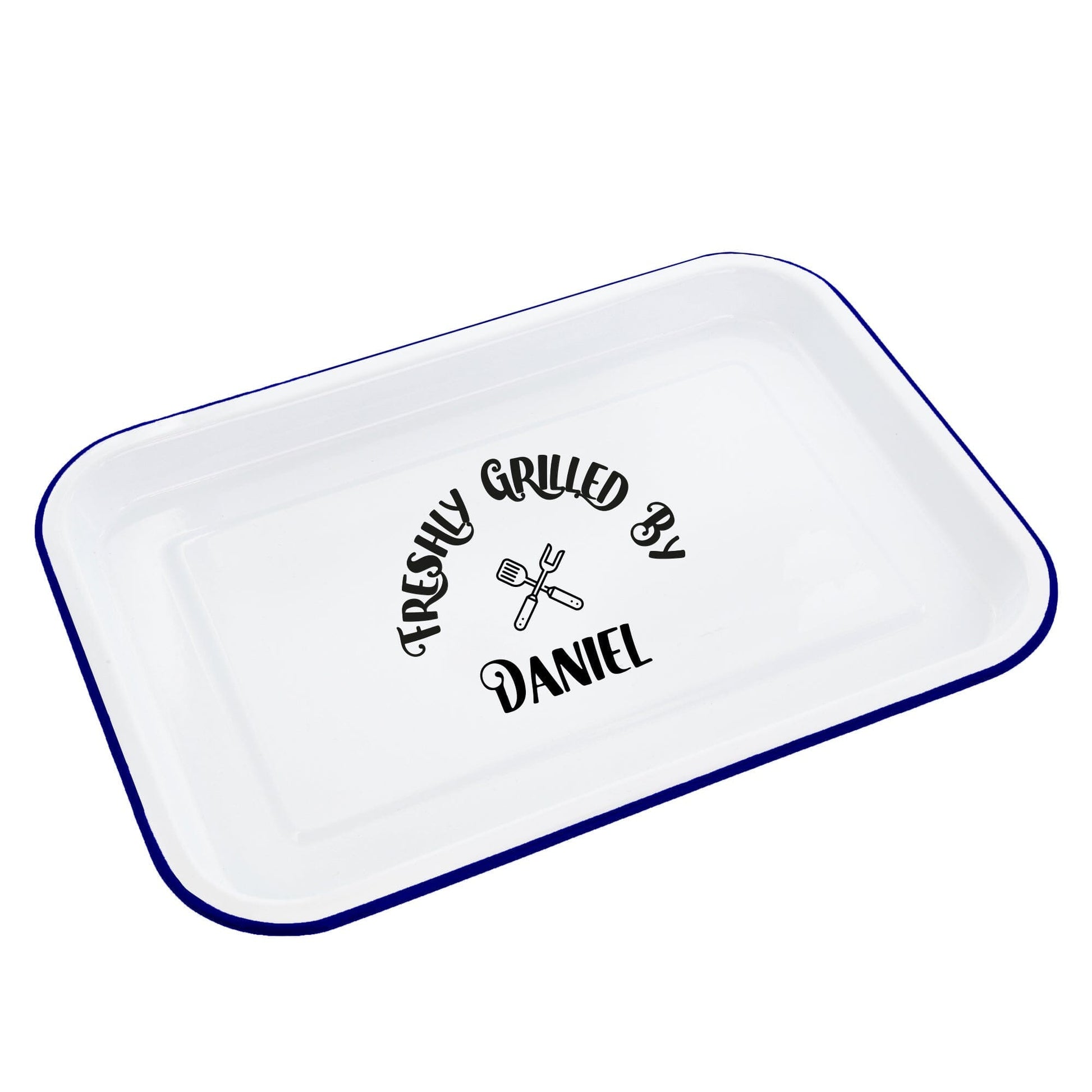 Personalised Grilled Enamel Serving Tray white backdrop