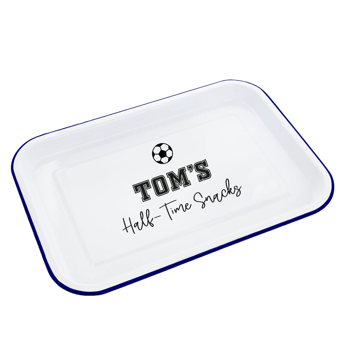 Personalised Half Time Snacks Enamel Tray White Backdrop