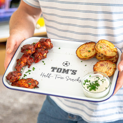 Personalised Half Time Snacks Enamel Tray with wings and snacks