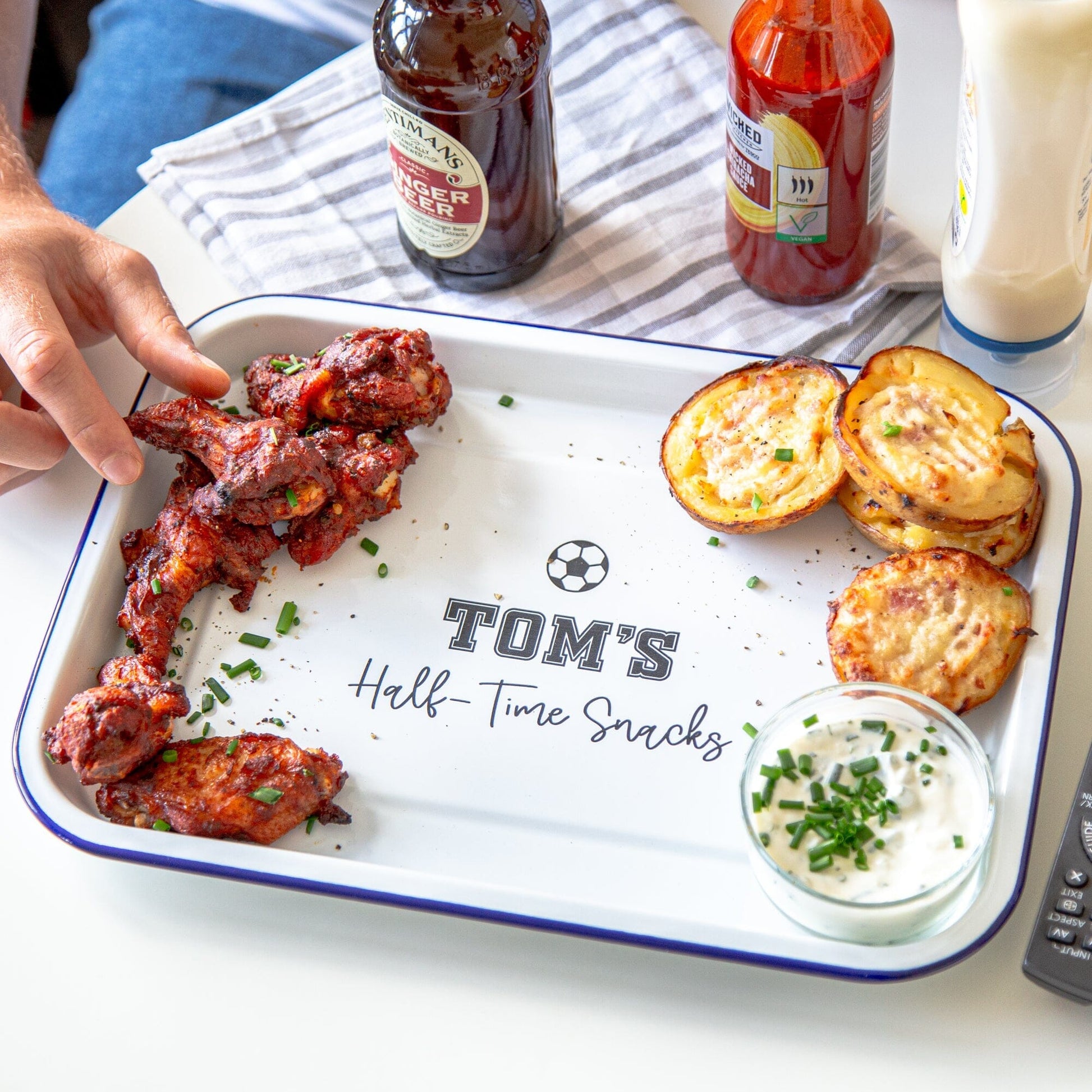 Personalised Half Time Snacks Enamel Tray  with wings and bottles