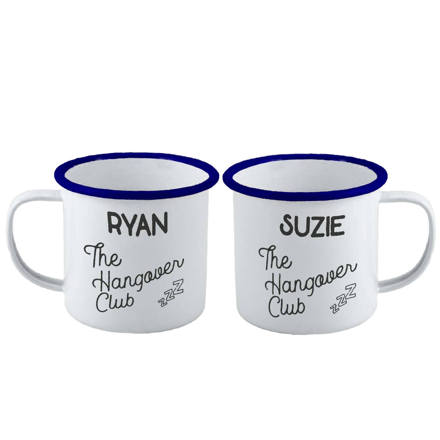 Personalised Hangover Club Enamel Mug Set Of Two on white backdrop