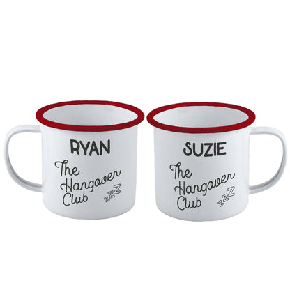 Personalised Hangover Club Enamel Mug Set Of Two on white backdrop