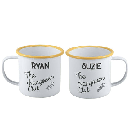 Personalised Hangover Club Enamel Mug Set Of Two on white backdrop