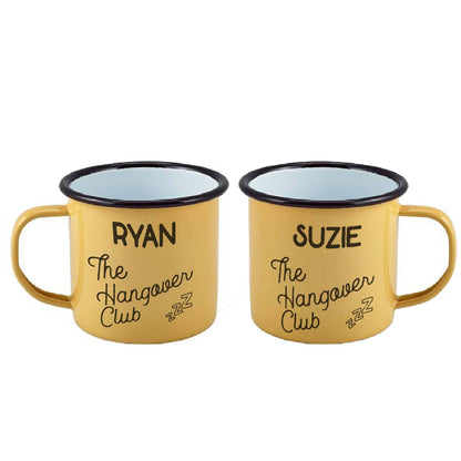 Personalised Hangover Club Enamel Mug Set Of Two on white backdrop