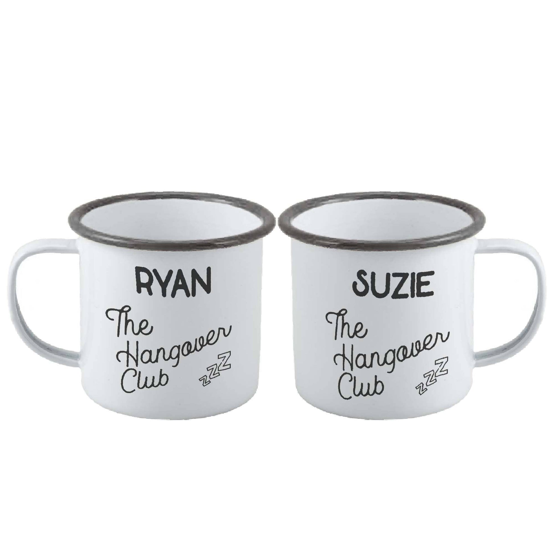 Personalised Hangover Club Enamel Mug Set Of Two on white backdrop