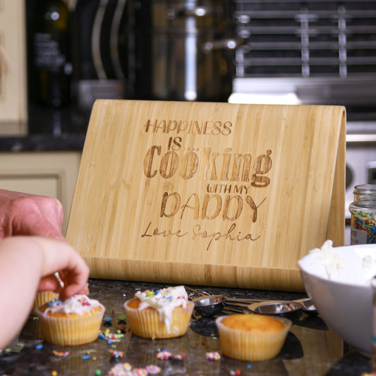 Personalised Happiness Is Cooking Cookery Book Stand on the kitchen counter