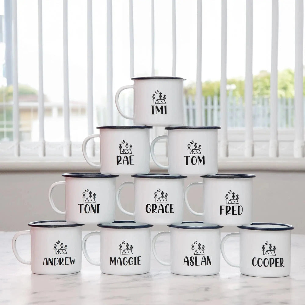 Personalised Happy Camper Enamel Camping Mug - Tent Logo aztex