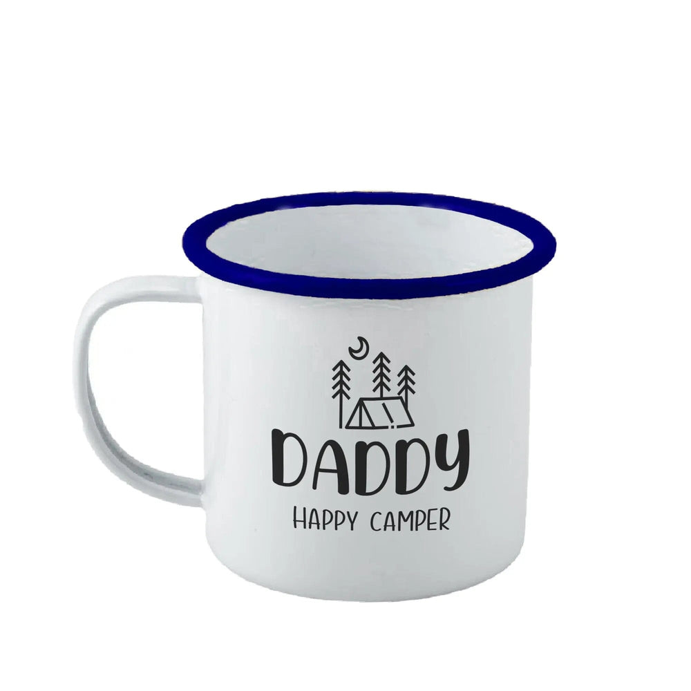 Personalised Happy Camper Enamel Camping Mug - Tent Logo - Duncan Stewart 1978 Enamel-White-with-Blue-Rim Duncan Stewart 1978