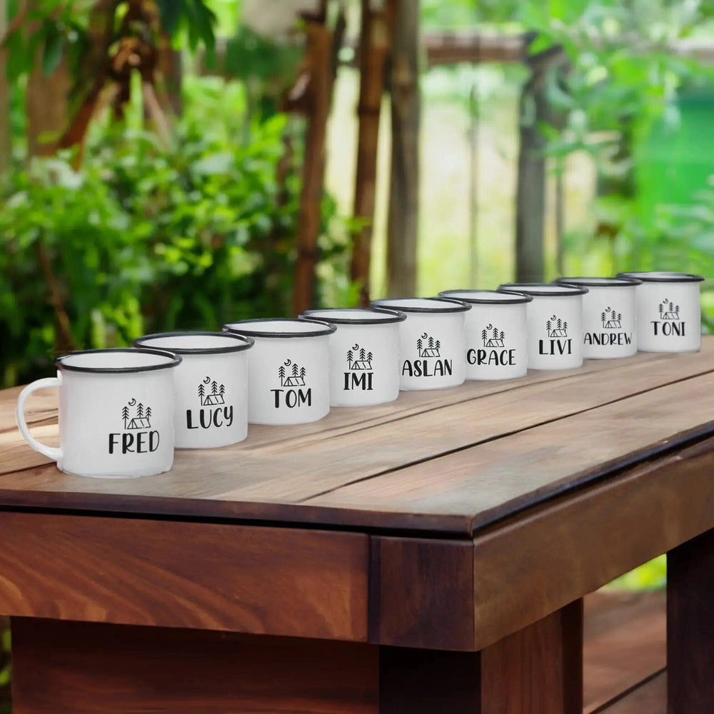 Personalised Happy Camper Enamel Camping Mug - Tent Logo aztex