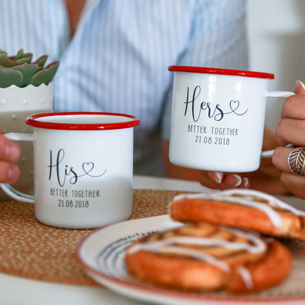Personalised His And Hers Enamel Mug Set Of Two  on breakfast table