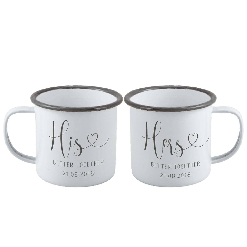 Personalised His And Hers Enamel Mug Set Of Two  White backdrop