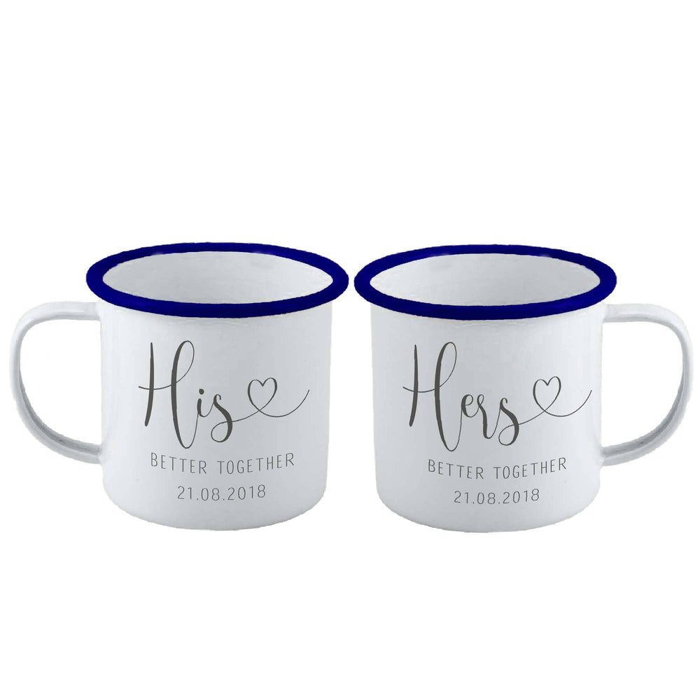 Personalised His And Hers Enamel Mug Set Of Two   White backdrop