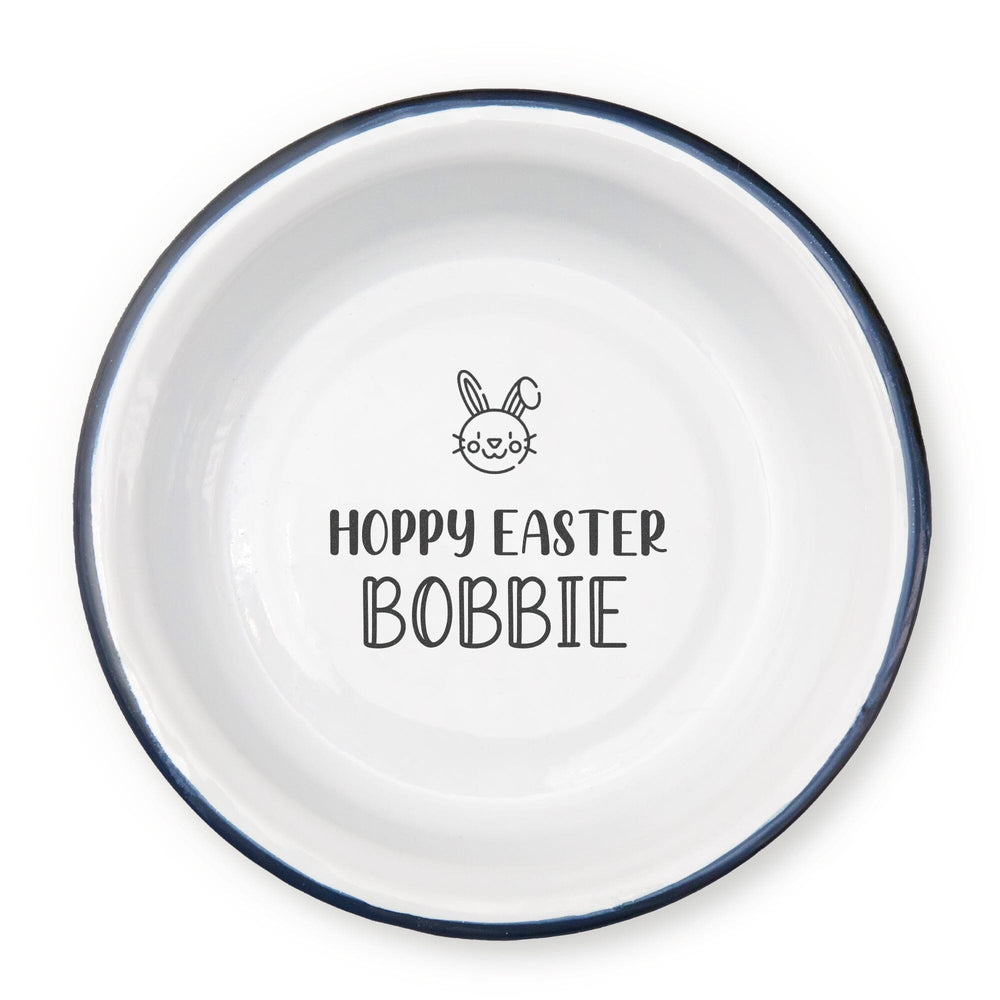 Personalised Hoppy Easter Enamel Bowl white backdrop